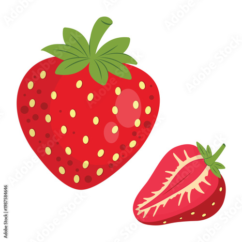 Red Strawberry Vector Illustration with Half Cut Strawberry Isolated on White Background