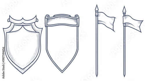 Set of blank heraldry elements, hand-drawn style. Includes shields and flags on poles