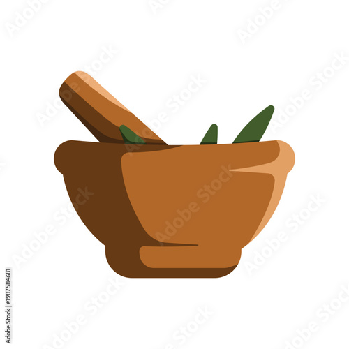 Wooden Mortar and Pestle Vector Illustration with Green Herbs for Cooking and Pharmacy