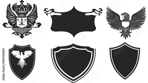Collection of stylized heraldic crest designs featuring shields, crowns, eagles, and decorative elements