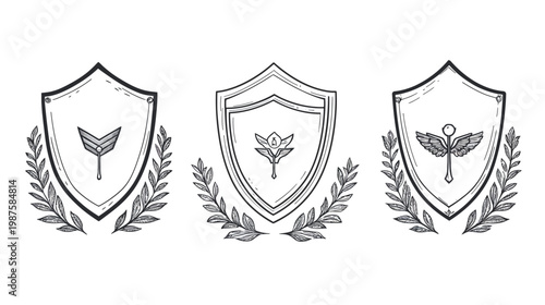 Three heraldic shields with intricate line art, surrounded by laurel wreaths. Depicting various symbols