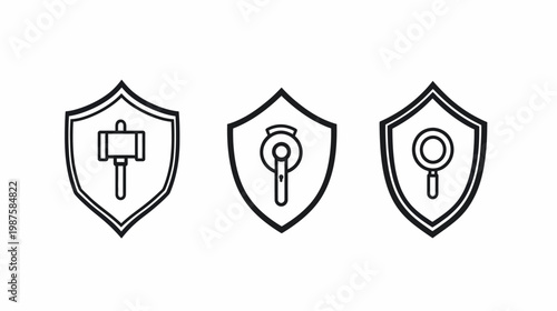 Three minimalist line art shields with tools inside hammer, lock, and magnifying glass