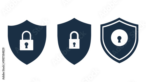 Three minimalist shield illustrations featuring locks, signifying security and protection