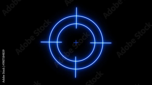 Neon blue digital target reticle overlay, hud interface for sci-fi gaming and tactical ui motion crosshair