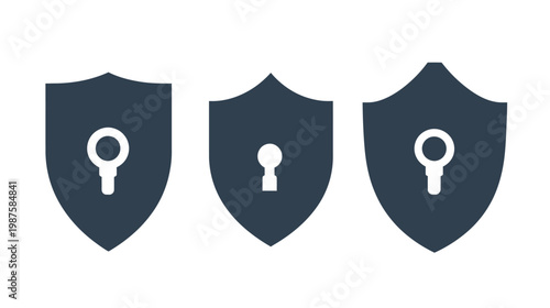 Three stylized shields, each with a keyhole design, presented against a white background