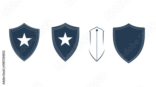 Collection of stylized shields in dark blue tones, including variations with stars and outlines