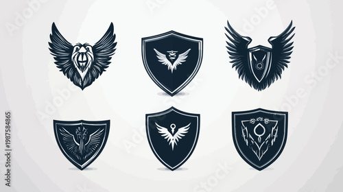 Collection of stylized emblems featuring wings and shields with a minimalist design