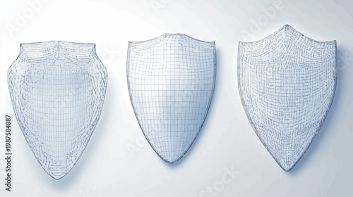 Three stylized shields in varying textures against a pale, gradient background, side by side