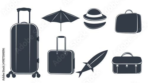 Collection of travel-related icons, including luggage, umbrella, hat, suitcase, and surfboard
