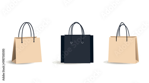 Three shopping bags illustration; two beige, one black; handles and shadows present