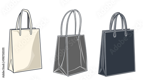 Three vector illustrations of shopping bags in different colors with handles, white background