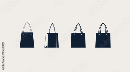 A minimalistic depiction of four shopping bags with differing designs set against a neutral background