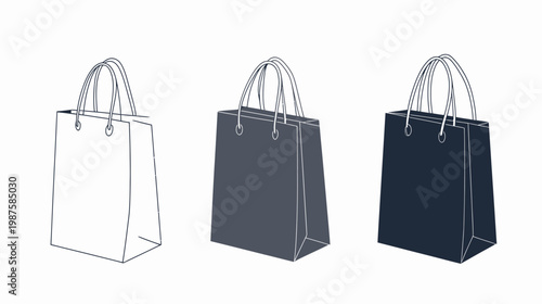 Graphic of three shopping bags in different shades outlined, grey, and dark blue, with handles