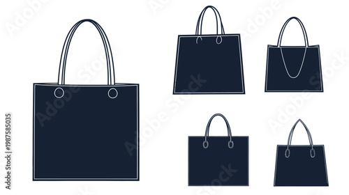 Stylized collection of shopping bag silhouettes in various designs, dark blue color