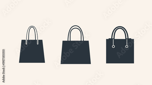 Three minimalist black shopping bag illustrations on a soft off-white background, perfect for use