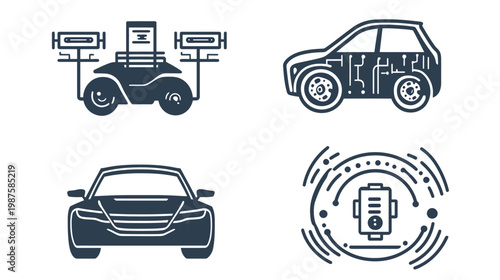 Collection of stylized black icons autonomous vehicle, connected car, electric vehicle, and battery
