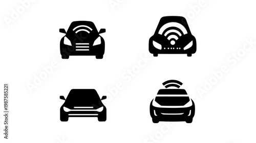 Four black car silhouettes with signal indications, representing autonomous driving or connected cars