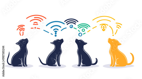 Illustration of dogs looking up at colorful Wi-Fi signals in a minimalist, flat design style