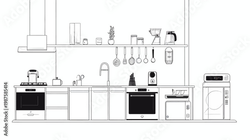 A detailed monochrome line art illustration of a modern kitchen with various appliances and utensils