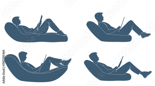 Silhouettes of a person relaxing with a laptop in various poses on a comfortable seat