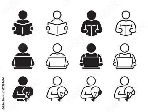 E-Learning and Creative Thinking Icon Set, People with Laptop, Book, and Lightbulb Symbols