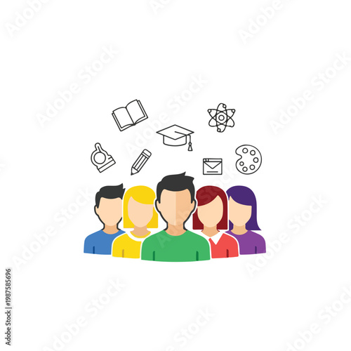 Group of Students with Education Symbols