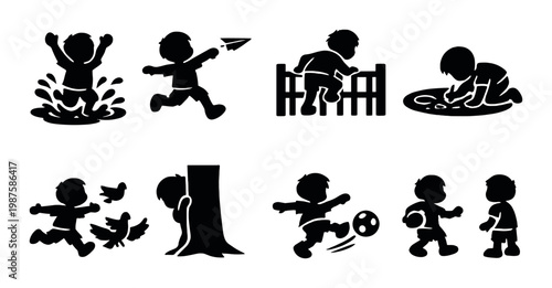 Children playing and exploring outdoors in playground scenes