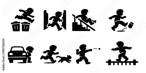 Children running, jumping, and playing near obstacles on dark panel