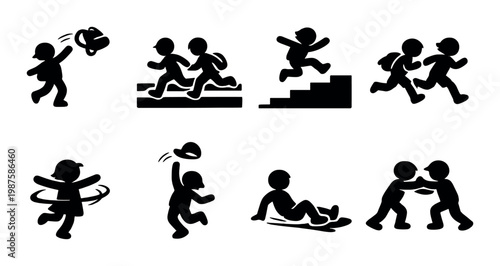 Children tossing hats, running, jumping and playing on dark panel