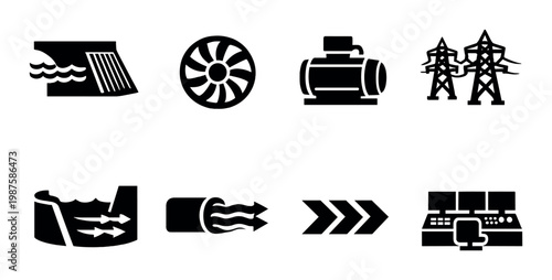 Hydropower components and control icons on dark gradient background