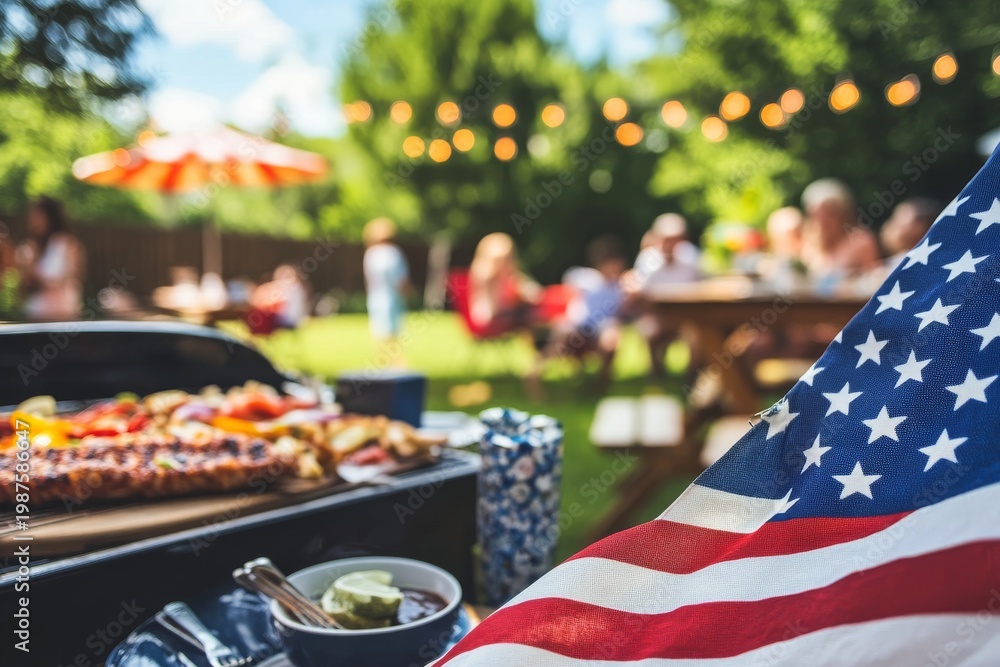 Fototapeta premium Guests enjoy food and drinks during a Memorial Day barbecue with friends and family celebrating Independence Day