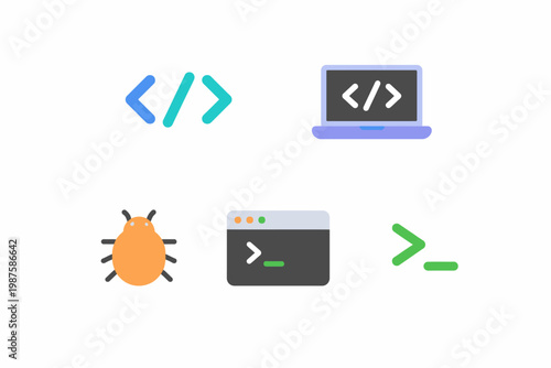 Coding tools and debugging icons: code, debug, terminal, command