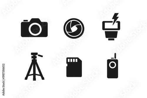 Photography equipment icons: camera, lens, flash, tripod, memory card, remote