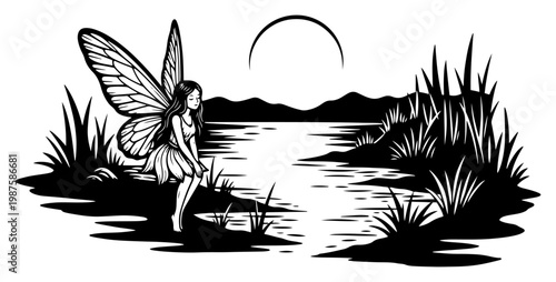 Beautiful Fairy Sitting by the Lake under the Moon, Fantasy Landscape with Mountains and Forest Grass, Enchanted Nature Woodcut Style Illustration