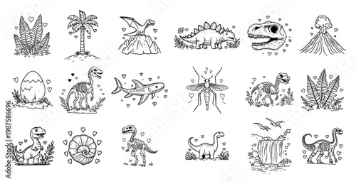 Prehistoric Dinosaur Icon Collection with Skeleton Fossils and Volcano, Set of Hand Drawn Jurassic Doodles for Kids Education and Stickers