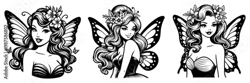 Beautiful Fantasy Fairy Pin-Up Portraits Set with Butterfly Wings and Flowers, Enchanted Mythical Creature Line Art for Magic Theme Design