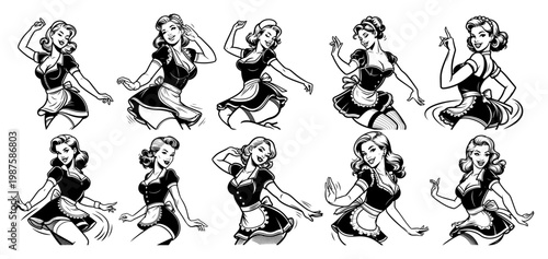 Vintage Pin-Up Dancing Maid and Housekeeper Character Set, Retro 1950s Style Waitress in Uniform Line Art Illustration