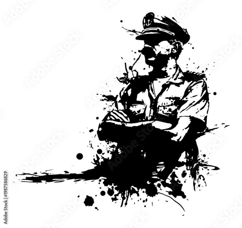 Pilot Officer in Uniform with Ink Splatter Grunge Effect, Military Captain or Aviator Silhouette Stencil Illustration