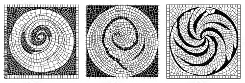 Spiral Mosaic Pavement Patterns Set, Circular Stone Tile Textures in Square Frames for Architectural Design