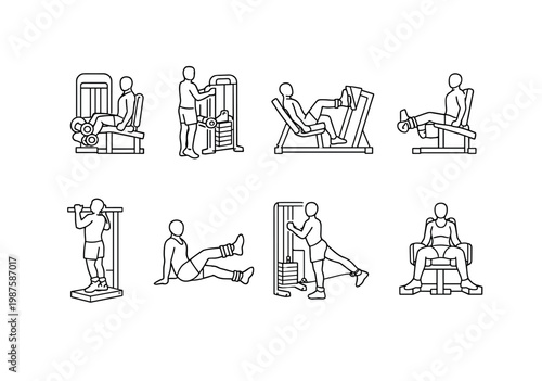Gym leg machines and cable exercise icons on white background