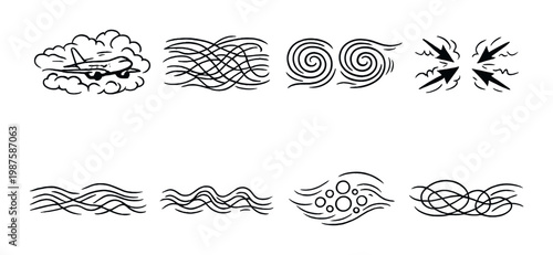 Airplane and turbulent airflow showing vortices on gray panel