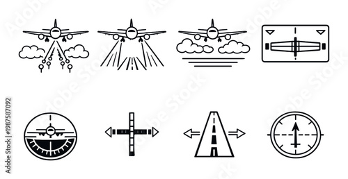 Aircraft landing and runway guidance icons on dark panel