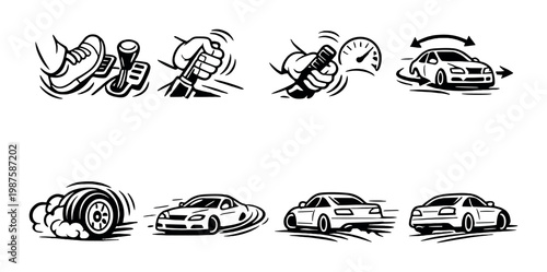 Car controls and drifting car icons on dark background
