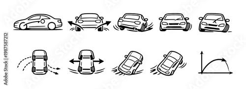Cars performing skids and tire maneuvers on gray background