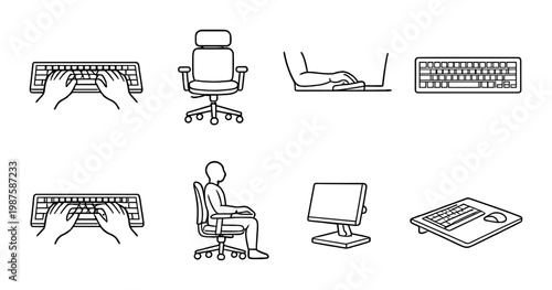 Ergonomic workstation icons showing typing posture and equipment