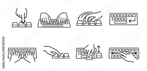 Hands and fingers interacting with keyboard keys on gray background