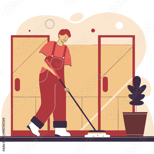 Happy Janitor Cleaning Floor with Mop in Front of Storage Lockers
