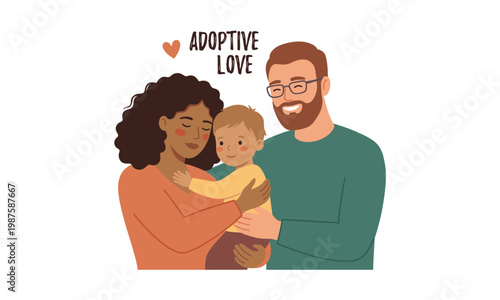 Happy multiracial couple embracing their adopted young son with love and care, diverse family bonding together, heart illustration and text.