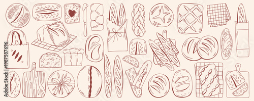 Bread set with baguette, artisan wheat and rye buns, ciabatta, pastry in craft paper bag, on cutting board. Brown outline doodle flat retro style. Minimalist hand drawn bakery collection on beige