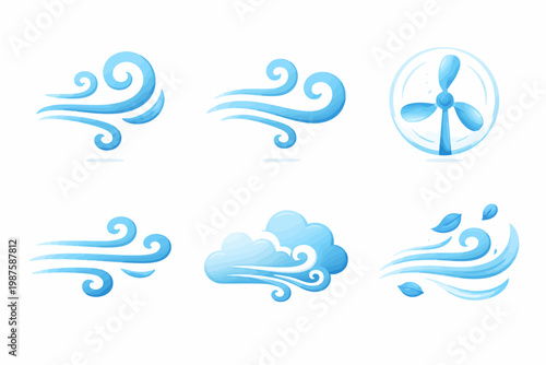 Collection of blue wind symbols including clouds, fans, and leaves